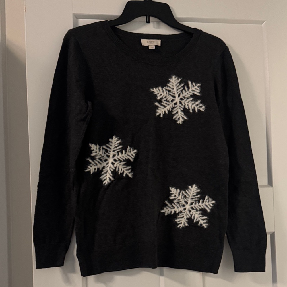 LOFT Charcoal Sweater with Ivory Snowflakes